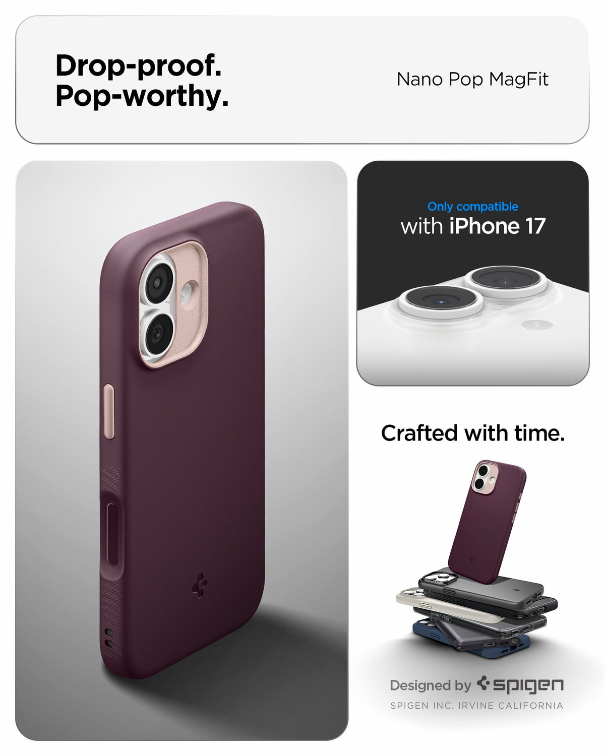 ACS09991 - iPhone 17 Nano Pop (MagFit) in Burgundy Bean showing the drop proof and pop worthy of case
