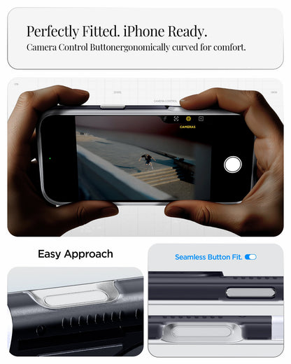 ACS09960 - iPhone 17 Pro Case Classic C1 (MagFit) in graphite showing perfectly fitted. iPhone ready. camera control button ergonomically curved for comfort. easy approach. seamless button fit.