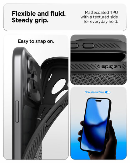 ACS09942 - iPhone 17 Pro Liquid Air in Matte Black showing flexible and fluid steady grip. mattecoated TPU with a textured side for everyday hold.