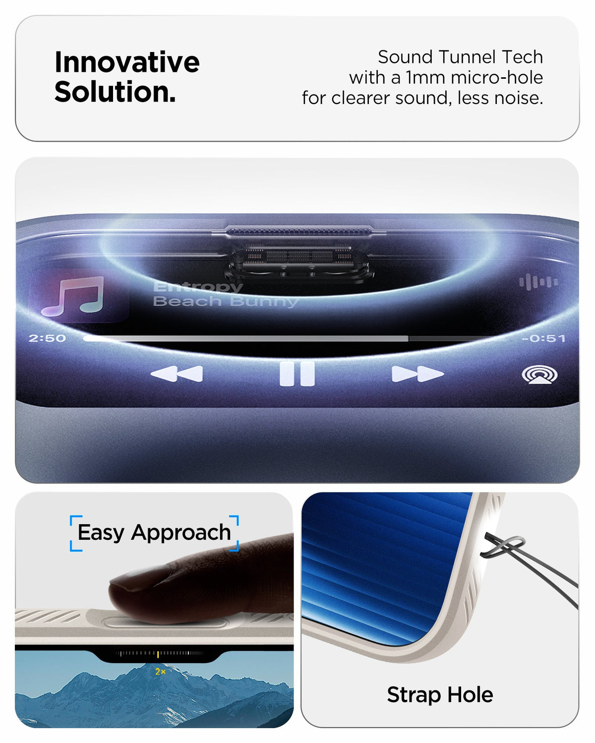 ACS09945 - iPhone 17 Pro Liquid Air in Natural Titanium showing innovative solution. sound tunnel tech with a 1mm micro hole for cleaner sound, less noise.