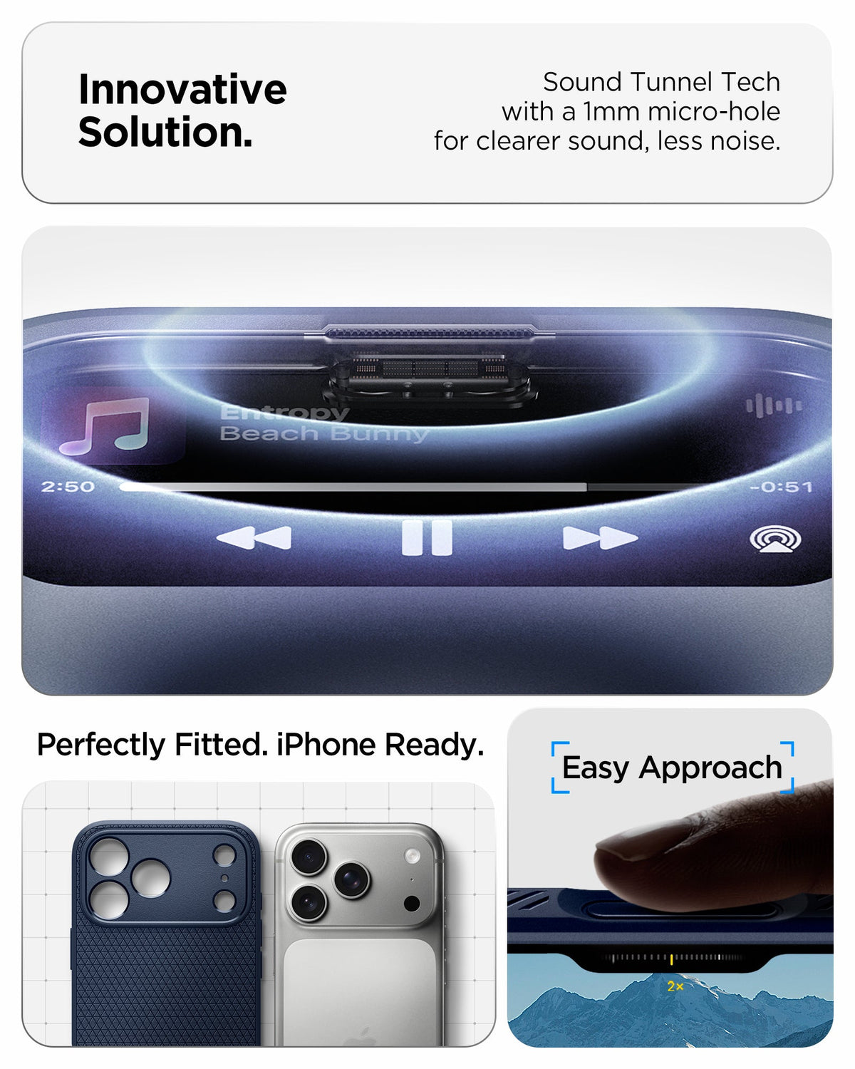 ACS09889 - iPhone 17 Pro Max Liquid Air in Navy Blue showing innovative solution. sound tunnel tech with a 1mm micro hole for cleaner sound, less noise.