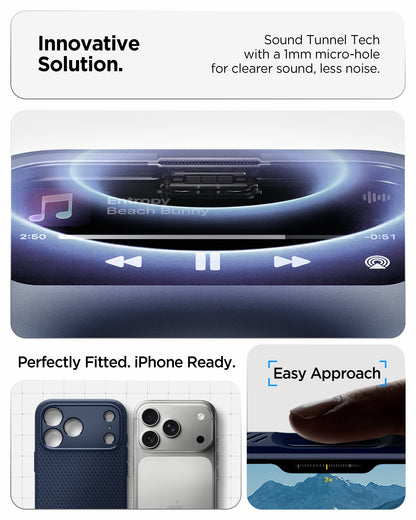 ACS09889 - iPhone 17 Pro Max Liquid Air in Navy Blue showing innovative solution. sound tunnel tech with a 1mm micro hole for cleaner sound, less noise.