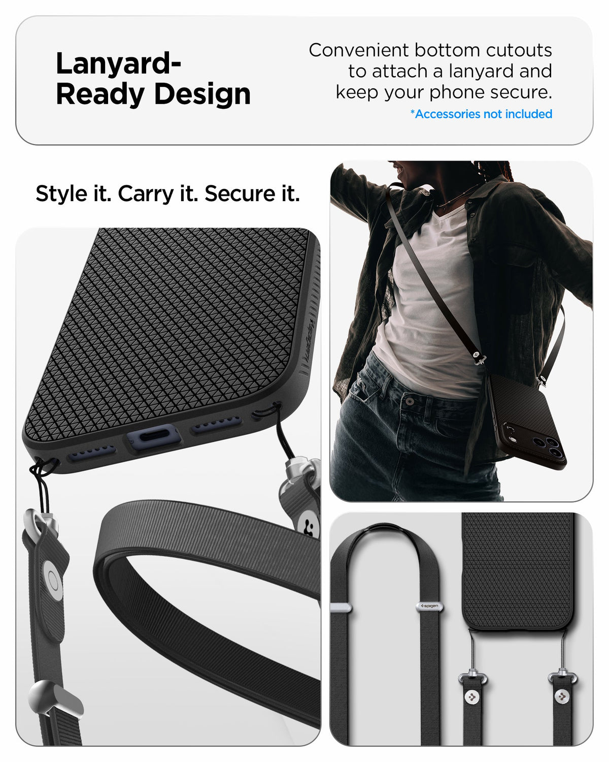 ACS09888 - iPhone 17 Pro Max Liquid Air in Matte Black showing lanyard ready design. convenient bottom cutouts to attach a lanyard and keep you phone secure. style it, carry it, secure it