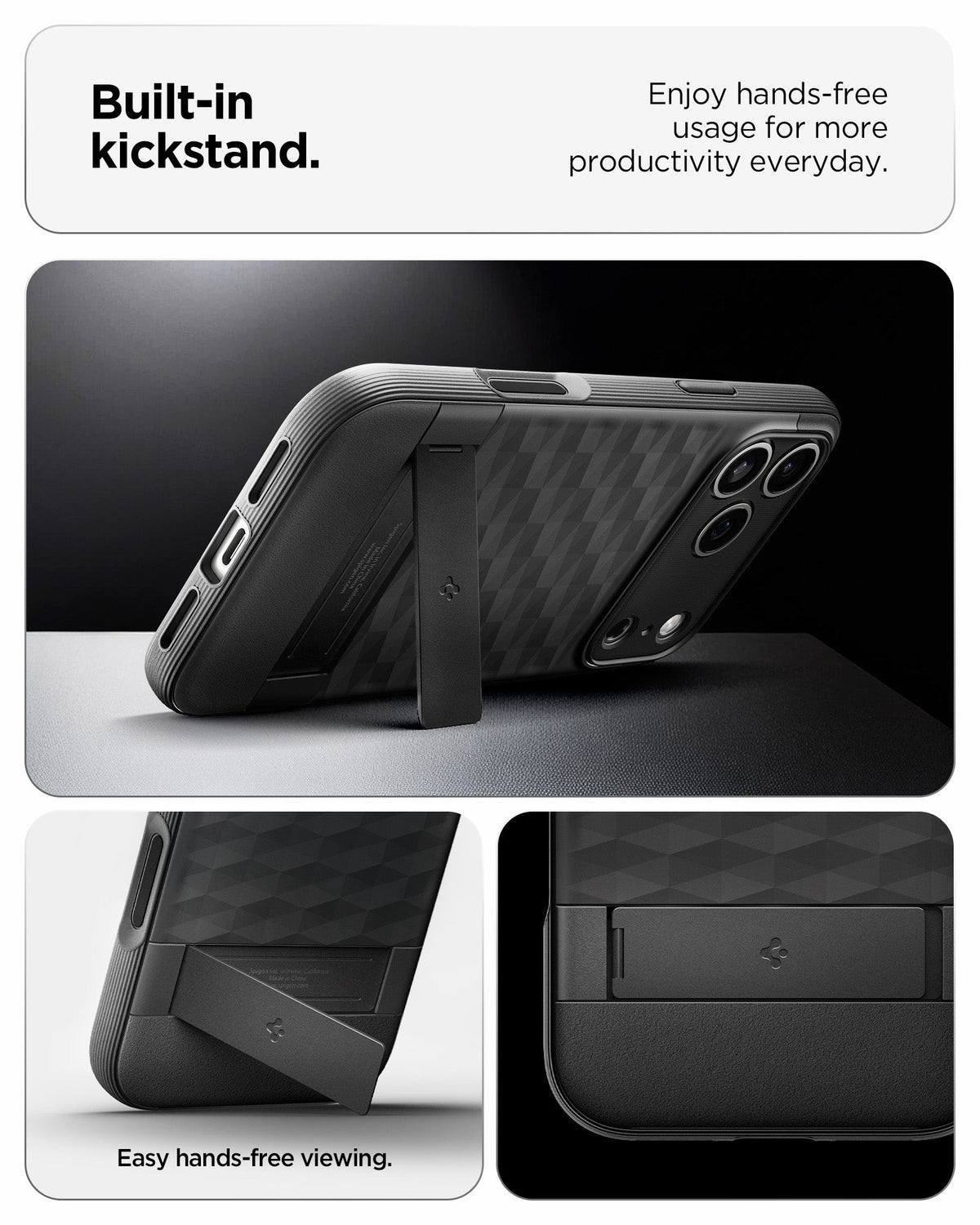 ACS09911 - iPhone 18 Pro Max / iPhone 17 Pro Max Parallax S (Mag Fit) in Matte Black showing the built in kickstand. Enjoy hands free usage for more productivity everyday