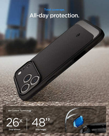 ACS09886 - iPhone 17 Pro Max Rugged Armor (MagFit) in Matte Black showing total coverage. all day protection