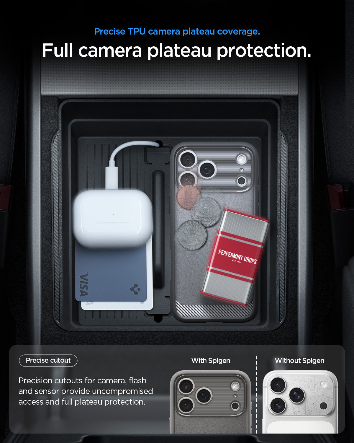 ACS09887 - iPhone 18 Pro Max / iPhone 17 Pro Max Rugged Armor (MagFit) in Gray showing precise TPU camera plateau coverage. Full camera plateau protection.