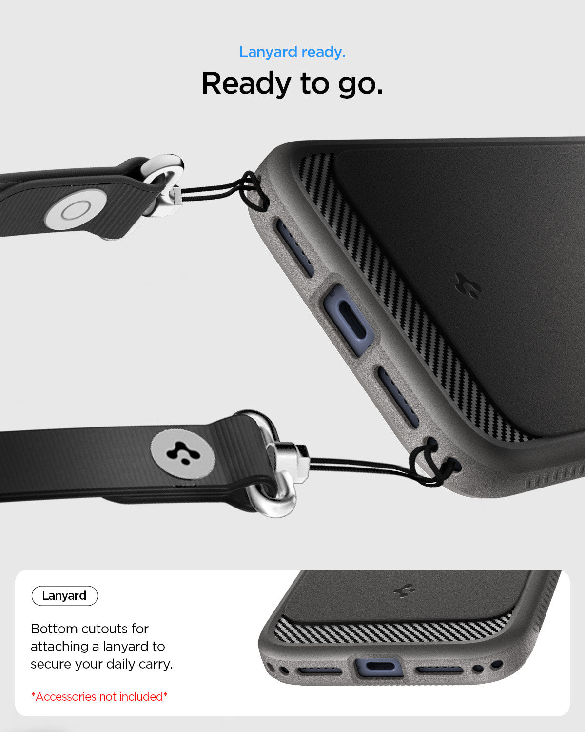 ACS09887 - iPhone 18 Pro Max / iPhone 17 Pro Max Rugged Armor (MagFit) in Gray showing lanyard ready. ready to go