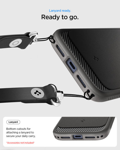 ACS09887 - iPhone 18 Pro Max / iPhone 17 Pro Max Rugged Armor (MagFit) in Gray showing lanyard ready. ready to go