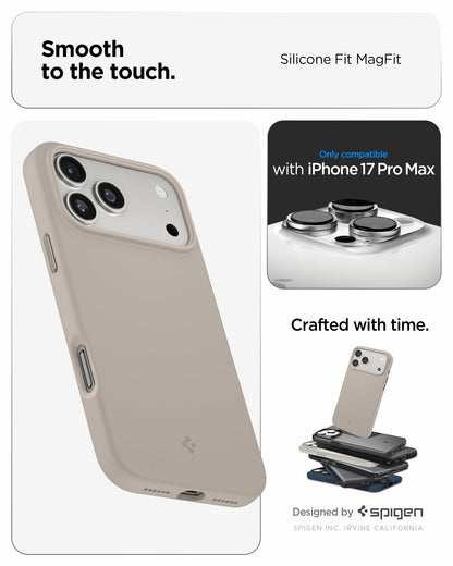 ACS09904 - iPhone 17 Pro Max Silicone Fit (MagFit) Case in stone showing smooth to the touch. designed by spigen.