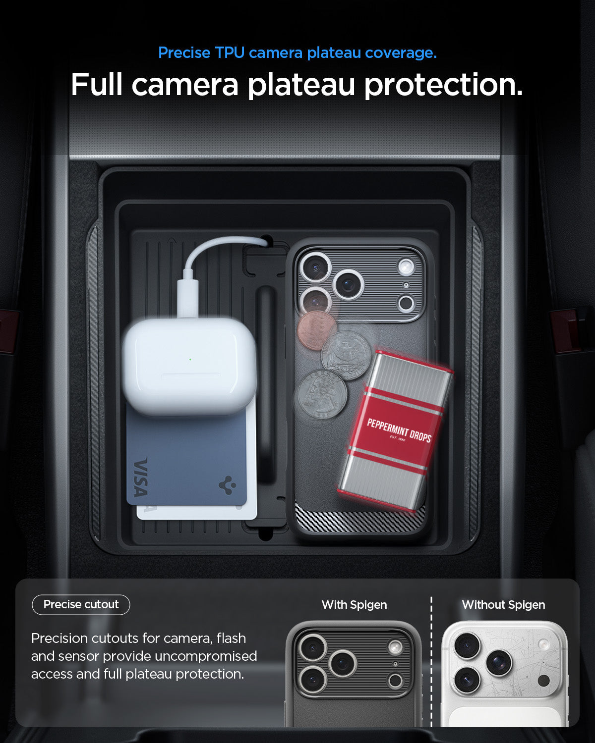 ACS09940 - iPhone 18 Pro / iPhone 17 Pro Rugged Armor (MagFit) in Matte Black showing precise TPU camera plateau coverage. Full camera plateau protection.