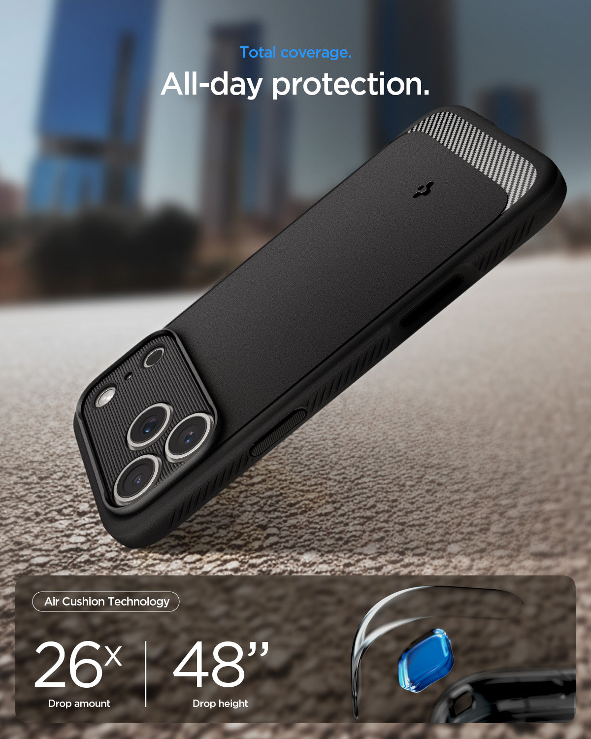 ACS09940 - iPhone 18 Pro / iPhone 17 Pro Rugged Armor (MagFit) in Matte Black showing total coverage. all day protection