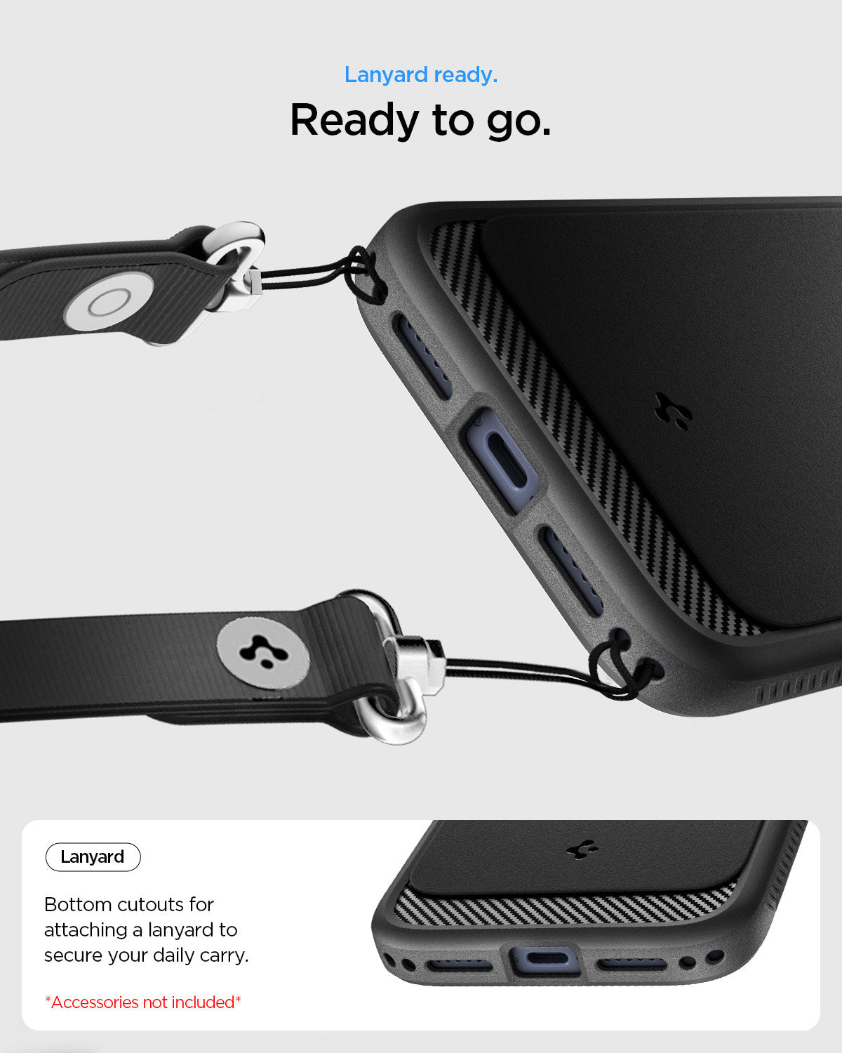 ACS09940 - iPhone 18 Pro / iPhone 17 Pro Rugged Armor (MagFit) in Matte Black showing lanyard ready. ready to go