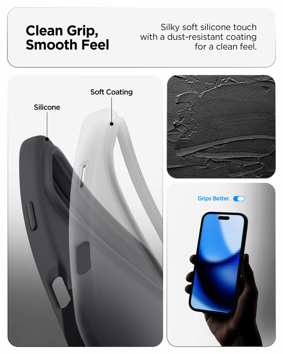 ACS09955 - iPhone 17 Pro Silicone Fit (MagFit) Case in black showing clean grip, smooth feel, silky soft silicone touch with a dust resistant coating for a clean feel.