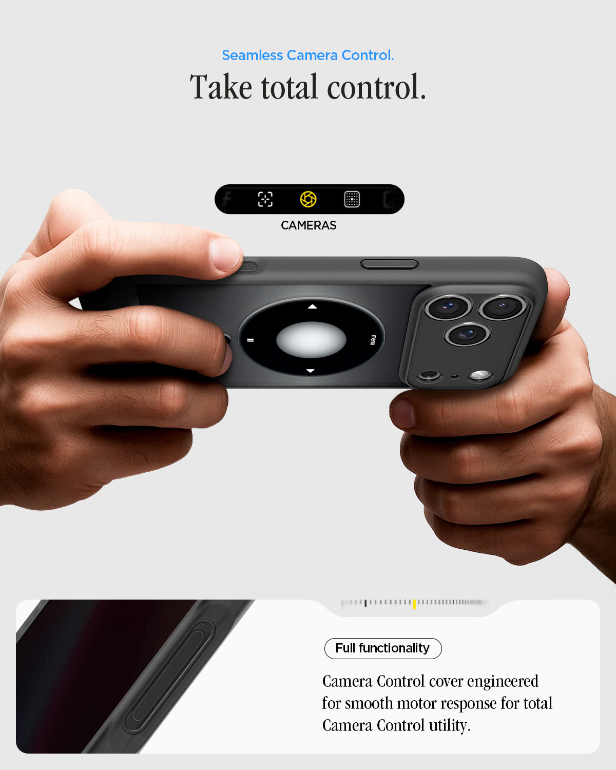 ACS10076 - iPhone 17 Pro Case Ultra Hybrid Classic (MagFit) in Classic Black showing seamless camera control. take total control. Full functionality. Camera control cover engineered for smooth motor response for total camera control utility.