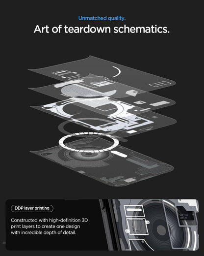 ACS10073 - iPhone 18 Pro / iPhone 17 Pro Ultra Hybrid Zero One (MagFit) Black showing high-definition layered printing that creates a detailed teardown-inspired schematic design