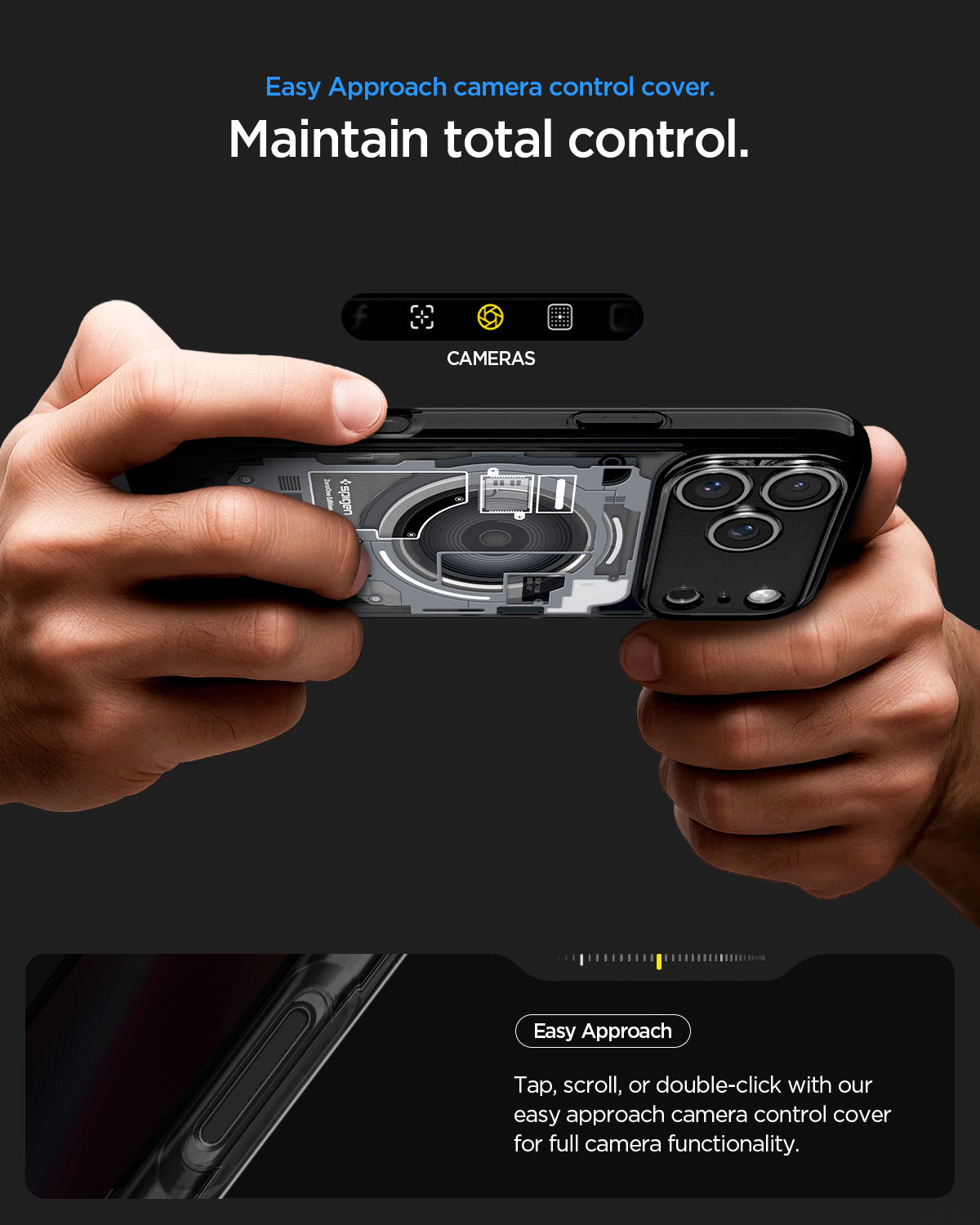 ACS10042 - iPhone 17 Pro Max Case Ultra Hybrid Zero One (MagFit) in Zero One Black showing easy approach camera control cover. Maintain total control. Tap, scroll, or double click with out east approach camera control cover for full camera functionality.