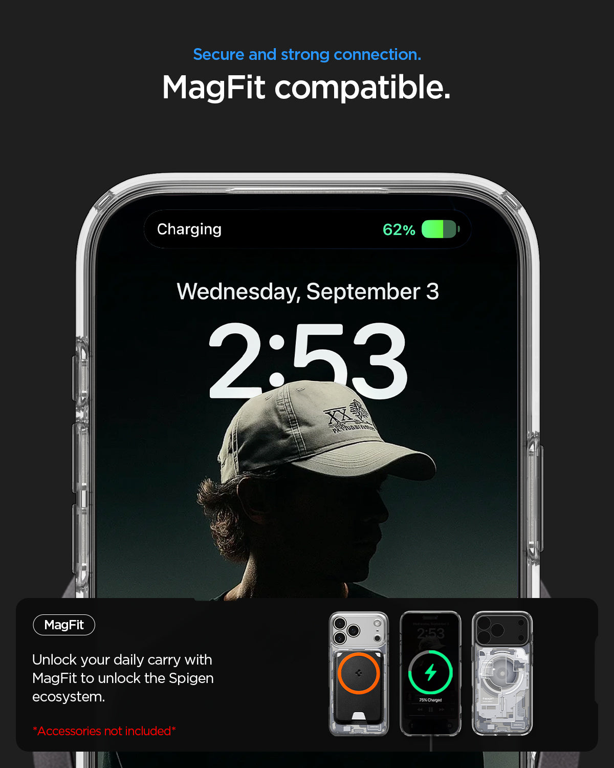 ACS10042 - iPhone 17 Pro Max Case Ultra Hybrid Zero One (MagFit) in Zero One Black showing secure and strong connection. magfit compatible. unlock your daily carry with magfit to unlock the spigen ecosystem.