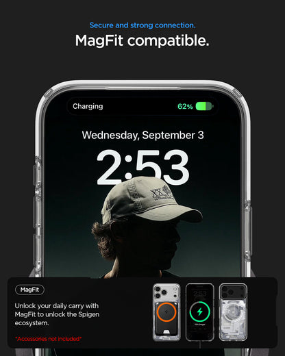 ACS10042 - iPhone 17 Pro Max Case Ultra Hybrid Zero One (MagFit) in Zero One Black showing secure and strong connection. magfit compatible. unlock your daily carry with magfit to unlock the spigen ecosystem.