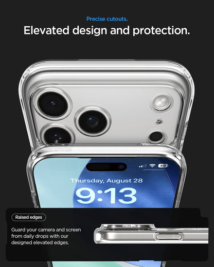 ACS10072 - iPhone 17 Pro Case Ultra Hybrid Zero One (MagFit) in Zero One Natural Titanium showing precise cutouts. Elevated design and protection. Raised edges guard your camera and screen from daily drops with our designed elevated edges.