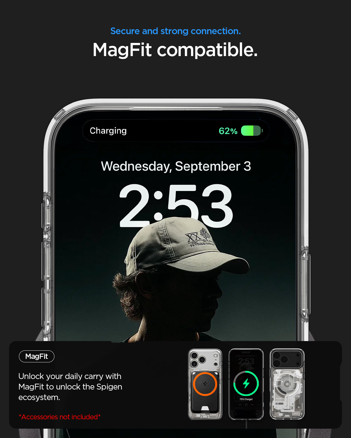 ACS10072 - iPhone 17 Pro Case Ultra Hybrid Zero One (MagFit) in Zero One Natural Titanium showing secure and strong connection. magfit compatible. unlock your daily carry with magfit to unlock the spigen ecosystem.