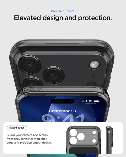 ACS10078 - iPhone 17 Pro Ultra Hybrid T (MagFit) in Matte Black showing precise cutouts. elevated design and protection. Raised edges. Guard your camera and screen from daily scratches with lifted edge and precision cutout design.