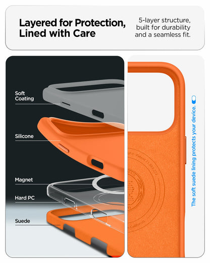 ACS11378 - iPhone 17 Pro Max Silicone Fit (Mag Fit) in Cosmic Orange showing layered for protection, lined with care. 5 layer structure built for durability and a seamless fit