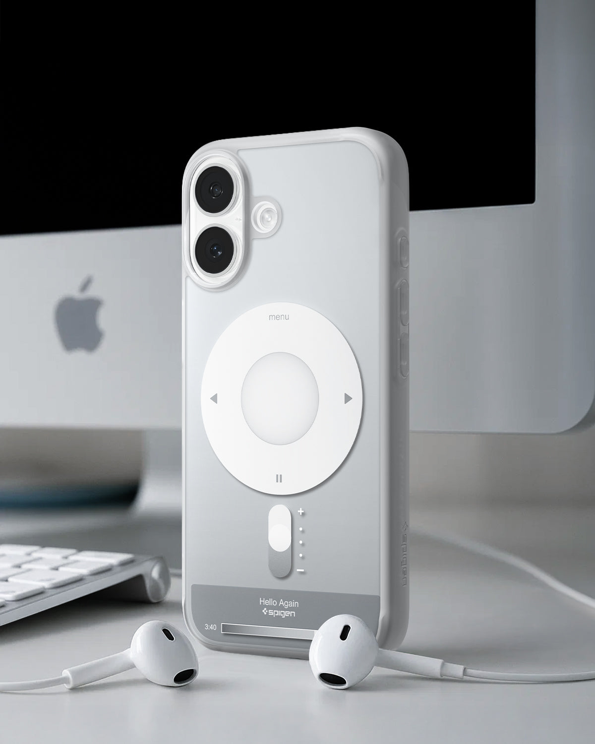 ACS10091 - iPhone 17 Ultra Hybrid Classic (MagFit) in Classic Silver showing back of the case with airpods