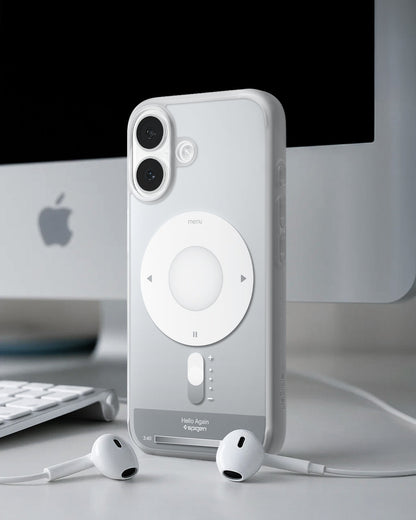 ACS10091 - iPhone 17 Ultra Hybrid Classic (MagFit) in Classic Silver showing back of the case with airpods