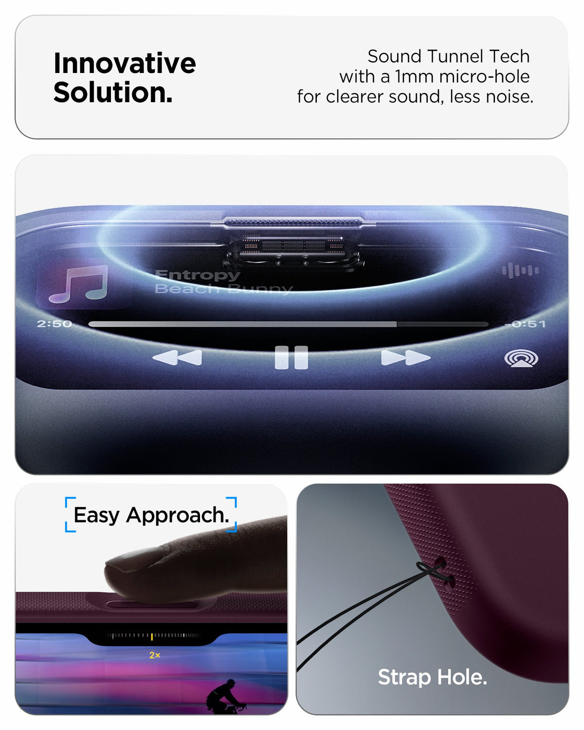 ACS09932 - iPhone 17 Air Case Nano Pop (MagFit) in burgundy bean showing the innovative solution. Sound tunnel tech with a 1mm micro-hole for clearer sound, less noise