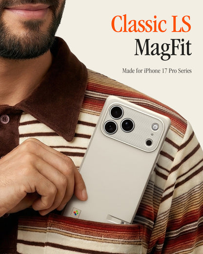 ACS10479 - iPhone 17 Pro Classic LS MagFit showing a man sliding a beige iPhone case into his shirt pocket, with "Classic LS MagFit, Made for iPhone 17 Pro Series" text.