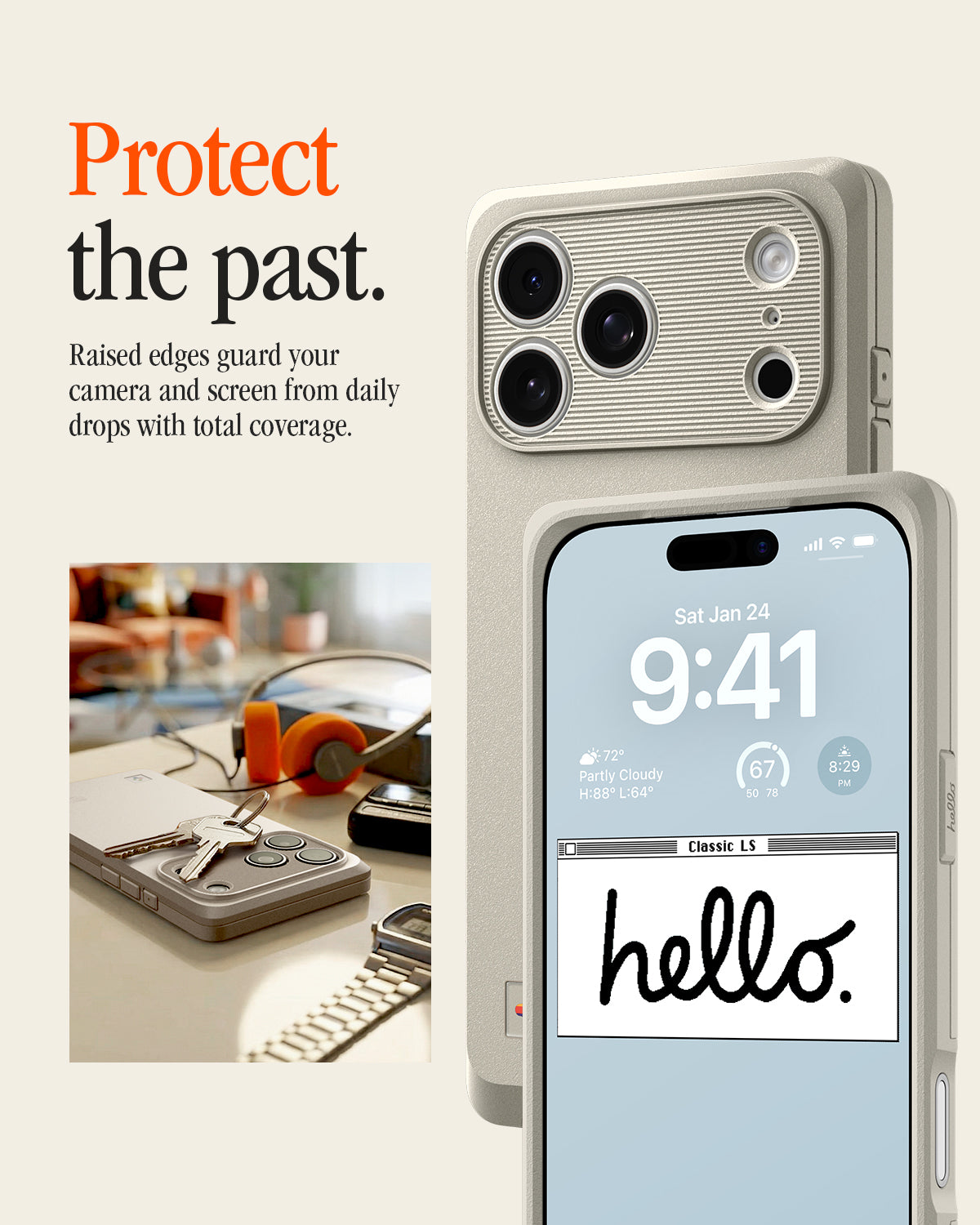 ACS10478 - iPhone 17 Pro Max Classic LS MagFit case showing the case's raised camera bezel and screen edge, with a lock screen reading "Classic LS hello." beside a desk scene.