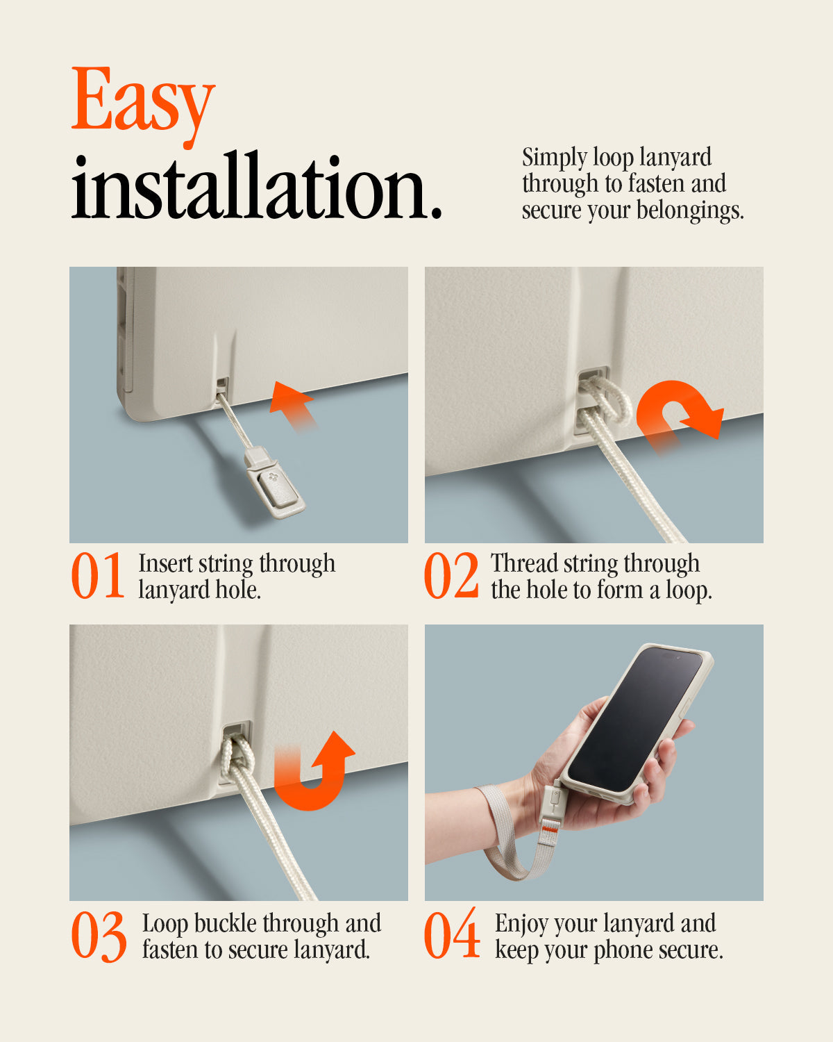 ACS10478 - iPhone 17 Pro Max Classic LS MagFit case showing four steps to install a lanyard: insert string, thread through hole, loop and fasten buckle, then carry phone.