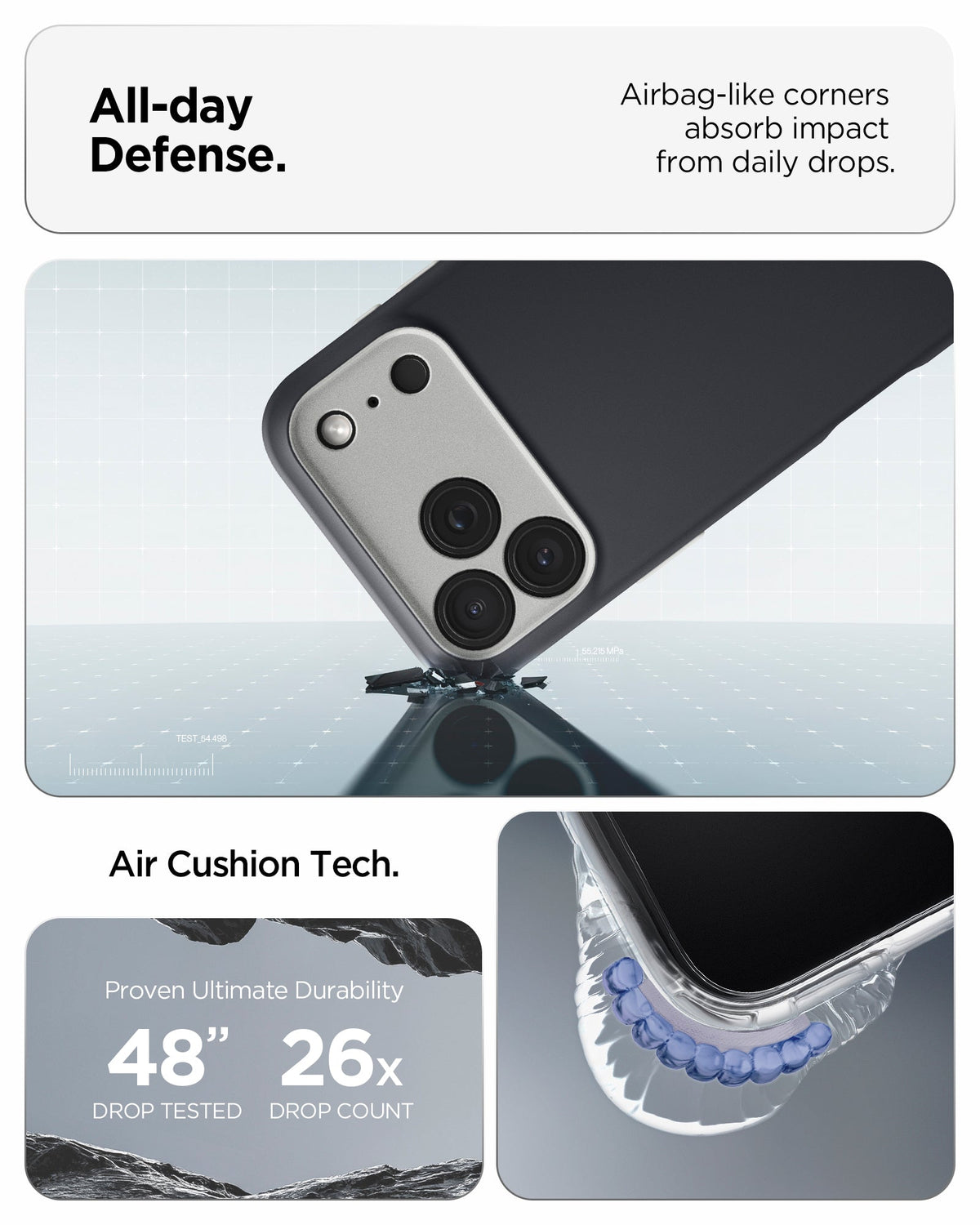 ACS09915 - iPhone 17 Pro Max Case Nano Pop (MagFit) showing the all day defense with airbag like corners that absorb impact from daily drops