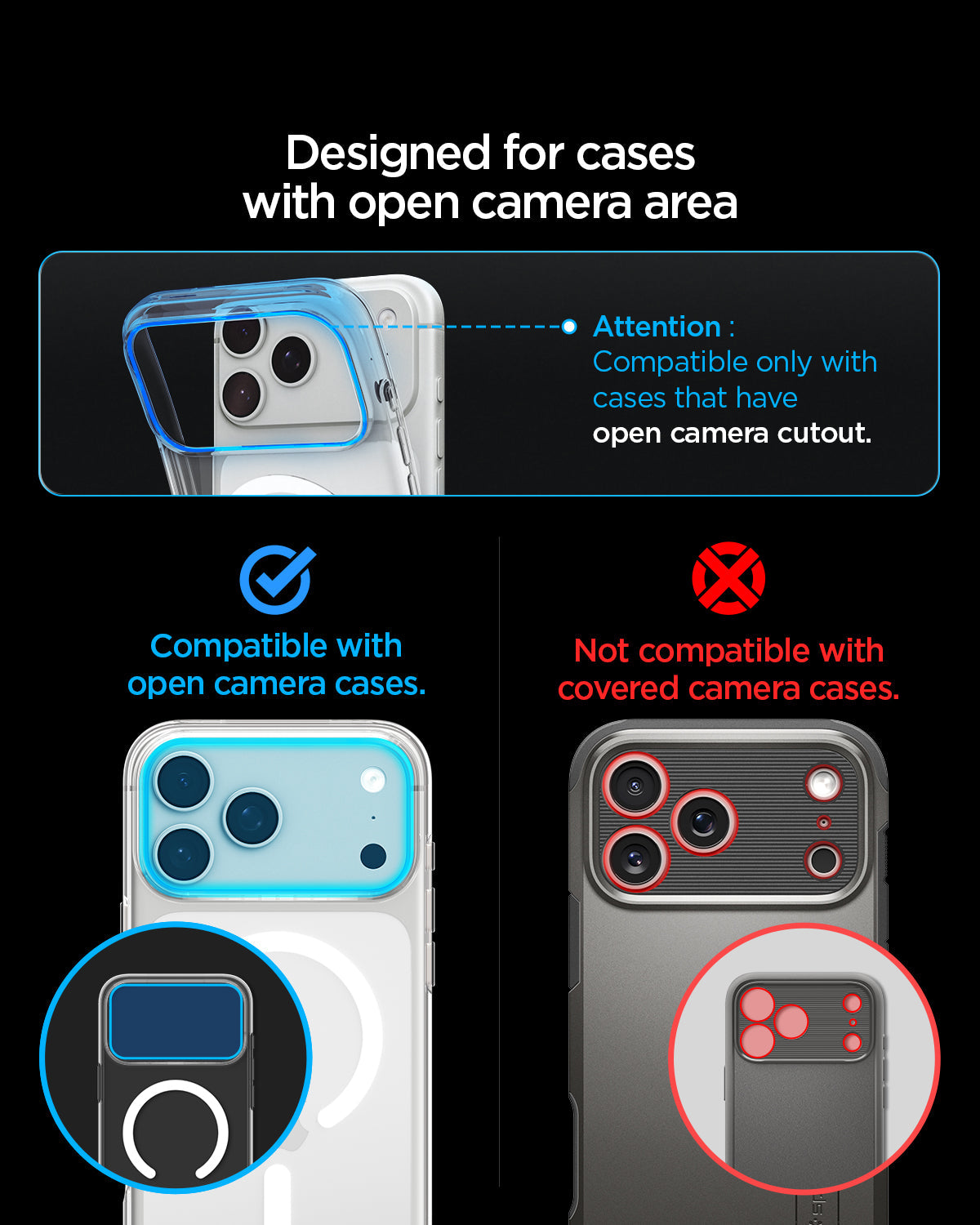AGL12038 - iPhone 18 Pro Optik Pro XL EZ Fit Lens Protector in Silver showing compatibility with cases featuring an open camera area and incompatibility with covered camera designs.