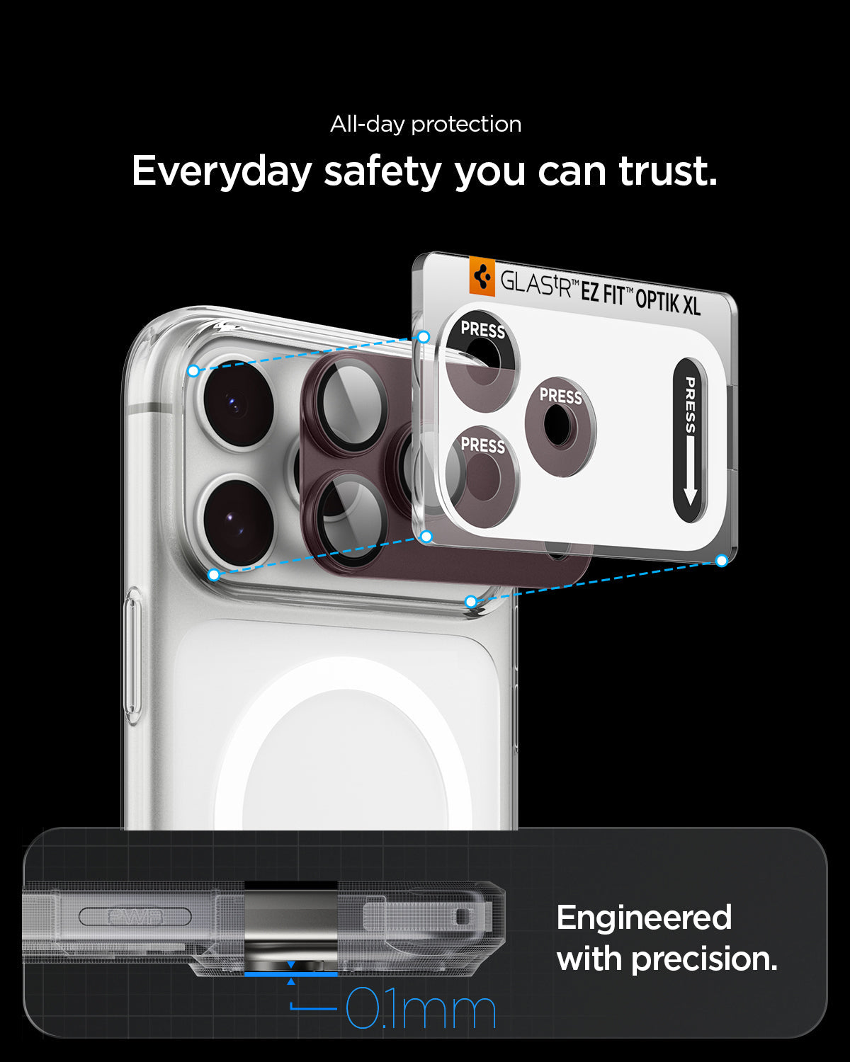 AGL12040 - iPhone 18 Pro Max Optik Pro XL EZ Fit Lens Protector in burgundy showing precise alignment and close fit between the lens protector and an open camera case.