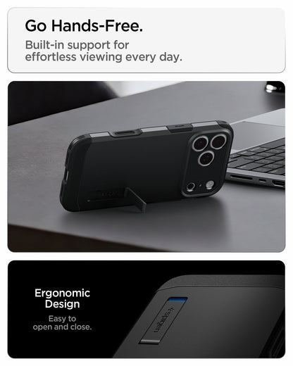 ACS09950 - iPhone 18 Pro / iPhone 17 Pro Tough Armor T Mag Fit Black showing the integrated kickstand for hands-free viewing with an ergonomic open-and-close design