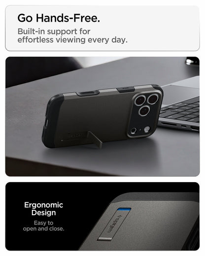 ACS09951 - iPhone 18 Pro / iPhone 17 Pro Tough Armor T Mag Fit Gunmetal showing the integrated kickstand for hands-free viewing with an ergonomic open-and-close design