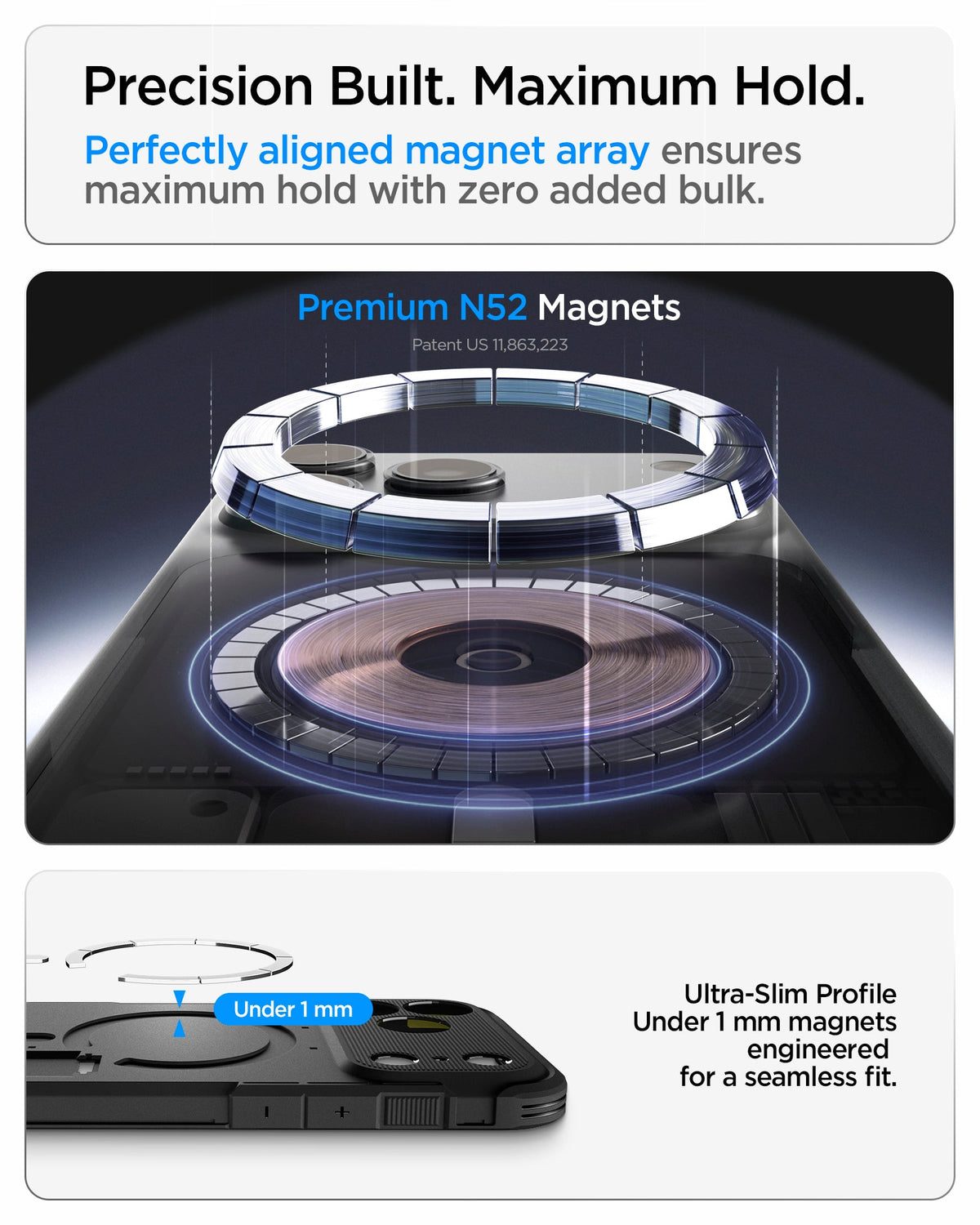 ACS09951 - iPhone 18 Pro / iPhone 17 Pro Tough Armor T Mag Fit Gunmetal showing a precision-aligned N52 magnet array with an ultra-slim profile for a secure magnetic connection