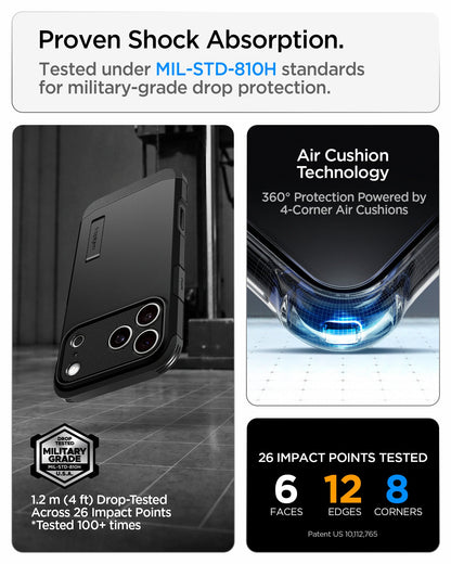 ACS09950 - iPhone 18 Pro / iPhone 17 Pro Tough Armor T Mag Fit Black showing military-grade drop protection with Air Cushion Technology and reinforced impact protection