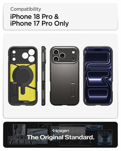 ACS09951 - iPhone 18 Pro / iPhone 17 Pro Tough Armor T Mag Fit Gunmetal showing multiple views of the case highlighting its rugged construction, magnetic design, and integrated kickstand