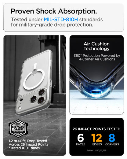 ACS10066 - iPhone 18 Pro / iPhone 17 Pro Ultra Hybrid (MagFit) in Clear White showing military-grade drop protection with Air Cushion Technology and reinforced corner impact absorption
