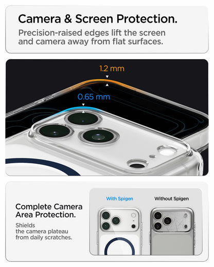 ACS10954 - iPhone 17 Pro Ultra Hybrid (MagFit) in Clear Deep Blue showing raised edges around the screen and camera area for added protection against scratches