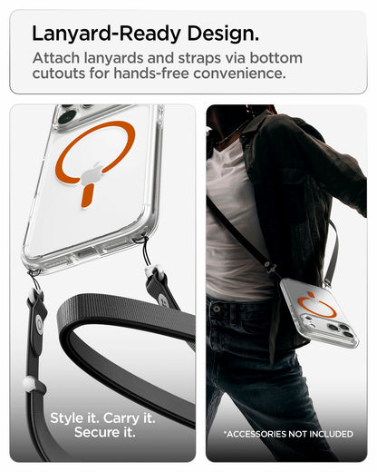 ACS11110 - iPhone 18 Pro / iPhone 17 Pro Ultra Hybrid (MagFit) in Clear Orange showing bottom lanyard cutouts for attaching straps and hands-free carrying convenience