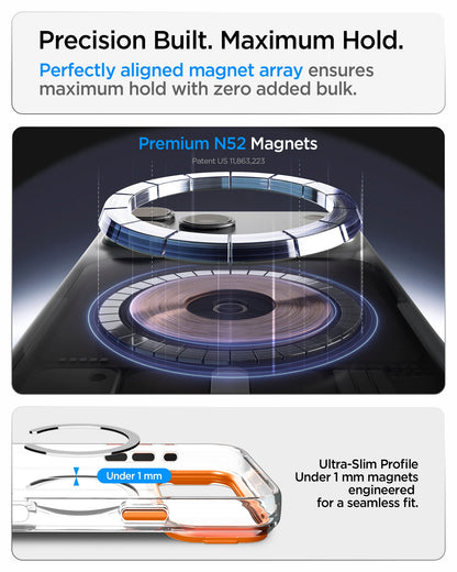 ACS11923 - iPhone 18 Pro / iPhone 17 Pro Ultra Hybrid Optik S (Mag Fit) Clear Orange showing a premium magnet array and ultra-slim magnetic construction under 1 mm