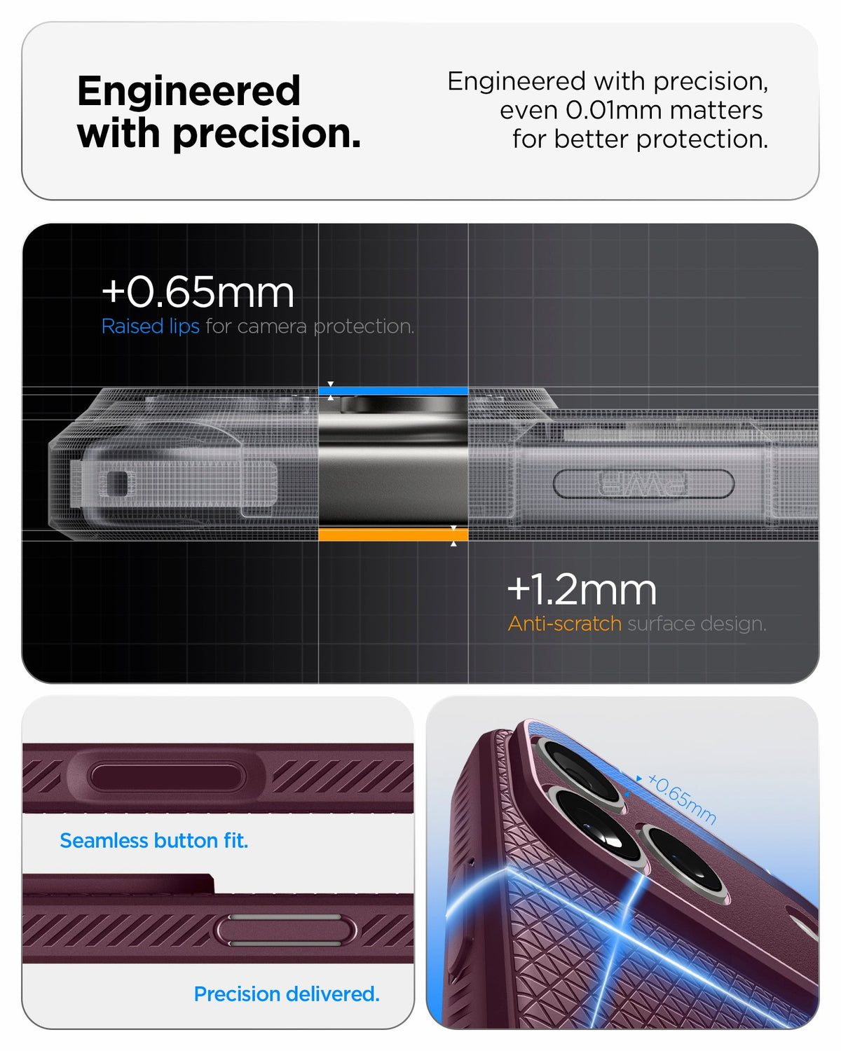 ACS12334 - iPhone 18 Pro Max / iPhone 17 Pro Max Liquid Air in Dark Cherry showing engineered with precision. even 0.01mm matters for better protection. seamless button fit. precision delivered.