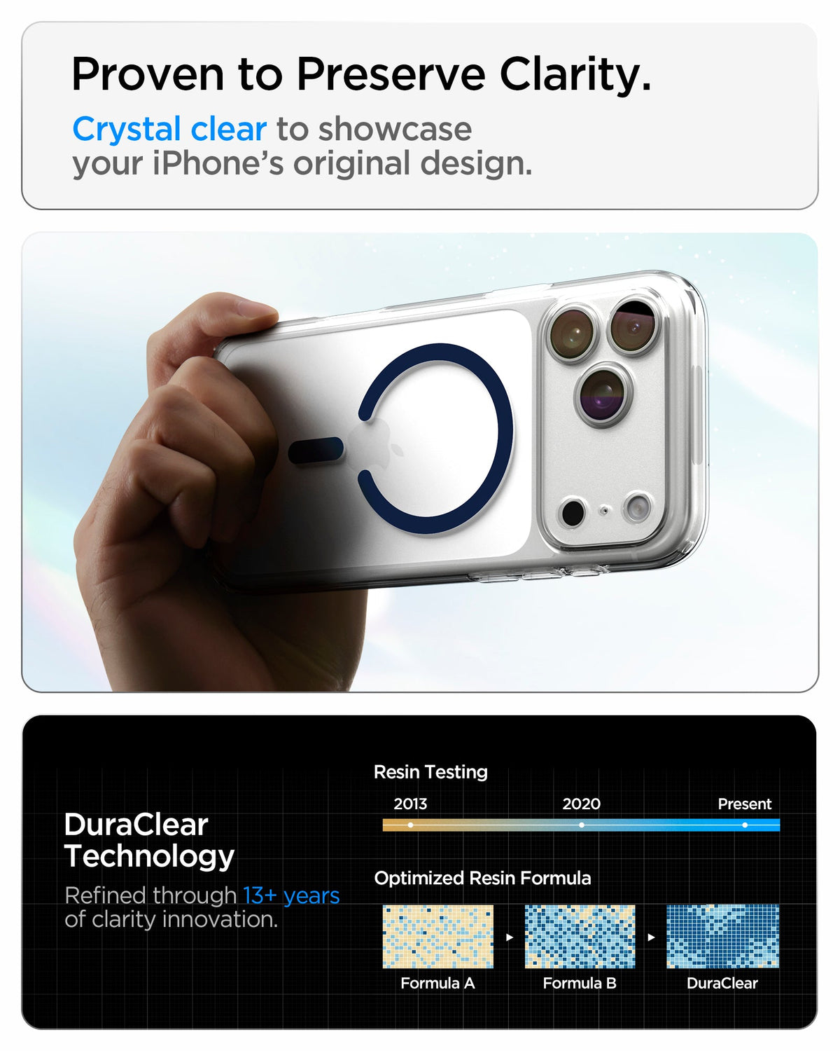 ACS10953 - iPhone 17 Pro Max Ultra Hybrid (MagFit) in Clear Deep Blue showing crystal-clear transparency and long-term clarity supported by DuraClear Technology