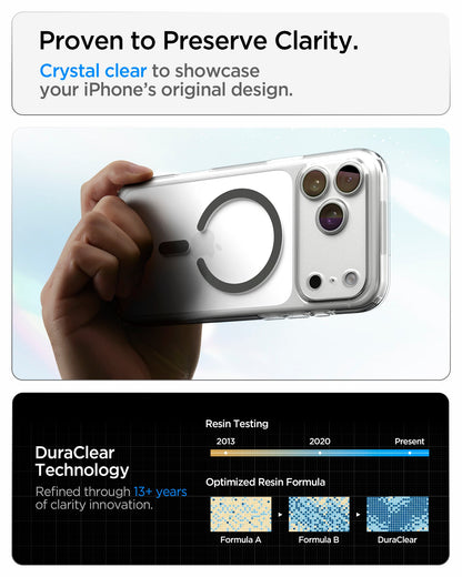ACS10036 - iPhone 18 Pro Max / iPhone 17 Pro Max Ultra Hybrid (MagFit) in Clear Graphite showing crystal-clear transparency and long-term clarity supported by DuraClear Technology