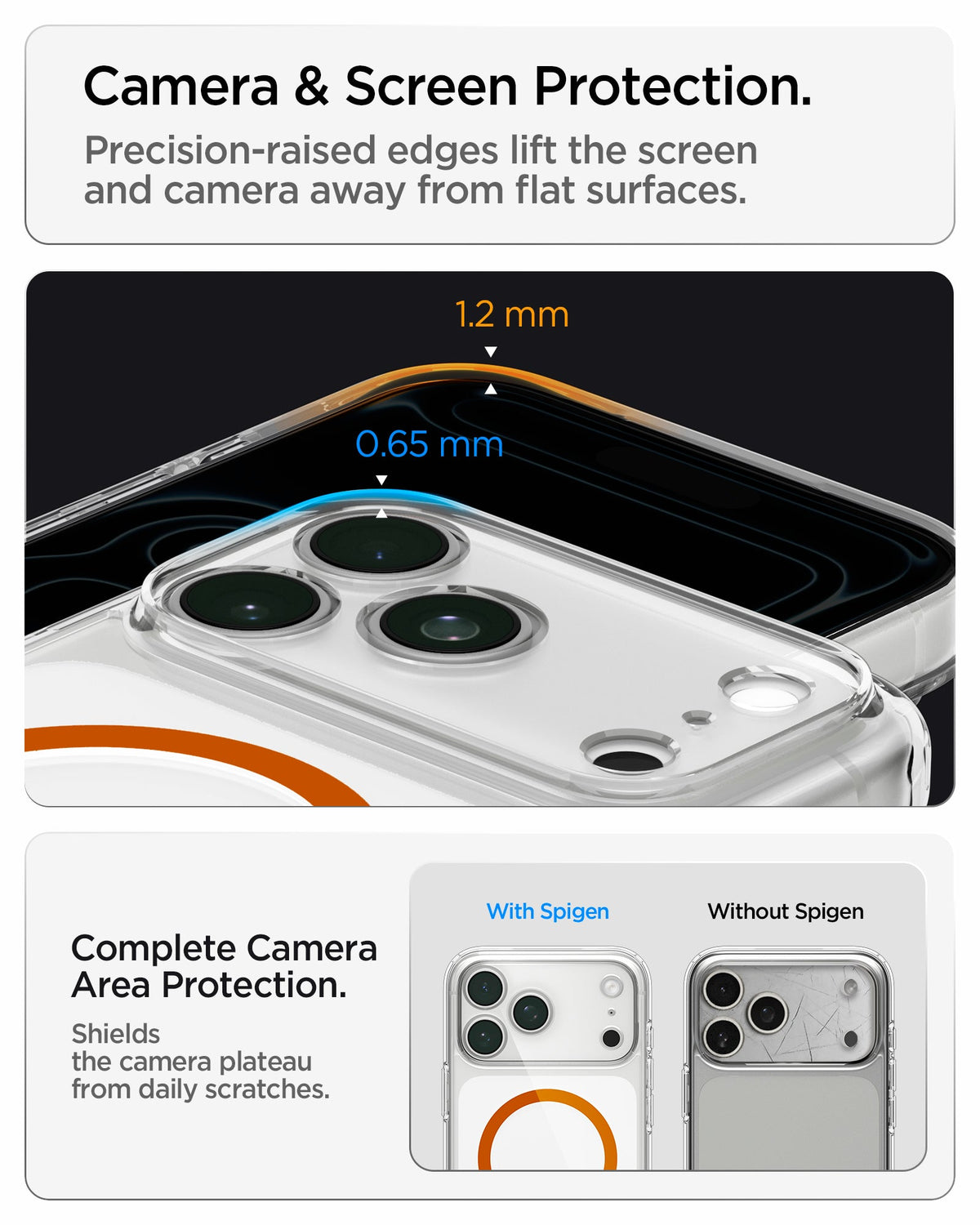 ACS11107 - iPhone 18 Pro Max / iPhone 17 Pro Max Ultra Hybrid (MagFit) in Clear Orange showing raised edges around the screen and camera area for added protection against scratches