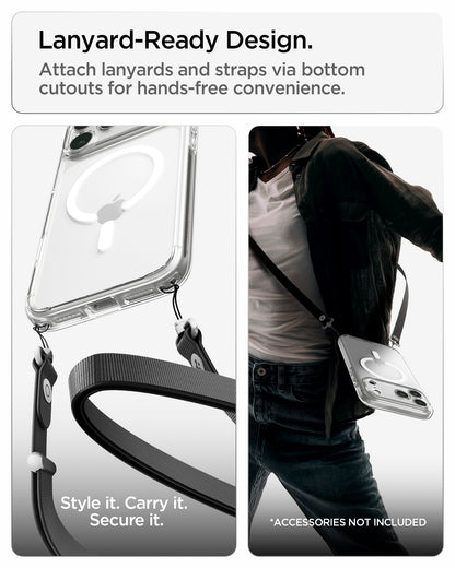 ACS10035 - iPhone 17 Pro Max Ultra Hybrid (MagFit) in Clear White showing bottom lanyard cutouts for attaching straps and hands-free carrying convenience