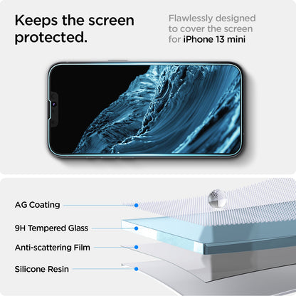 AGL03397 - iPhone 13 Mini Screen Protector EZ FIT GLAS.tR (Sensor Protection) showing the flawlessly design to cover the screen for iPhone 13 Pro Max. Keeps the screen protected with AG coatingm 9H Tempered Glass, Anti-scattering Film and Silicone resin